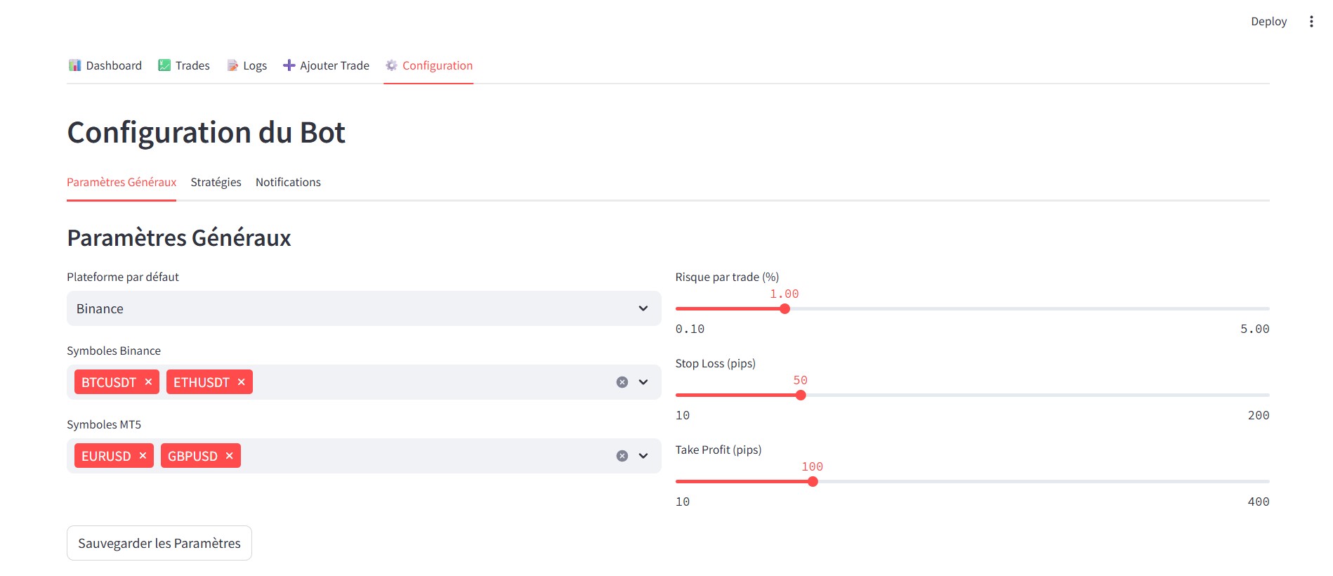 Interface de configuration du bot