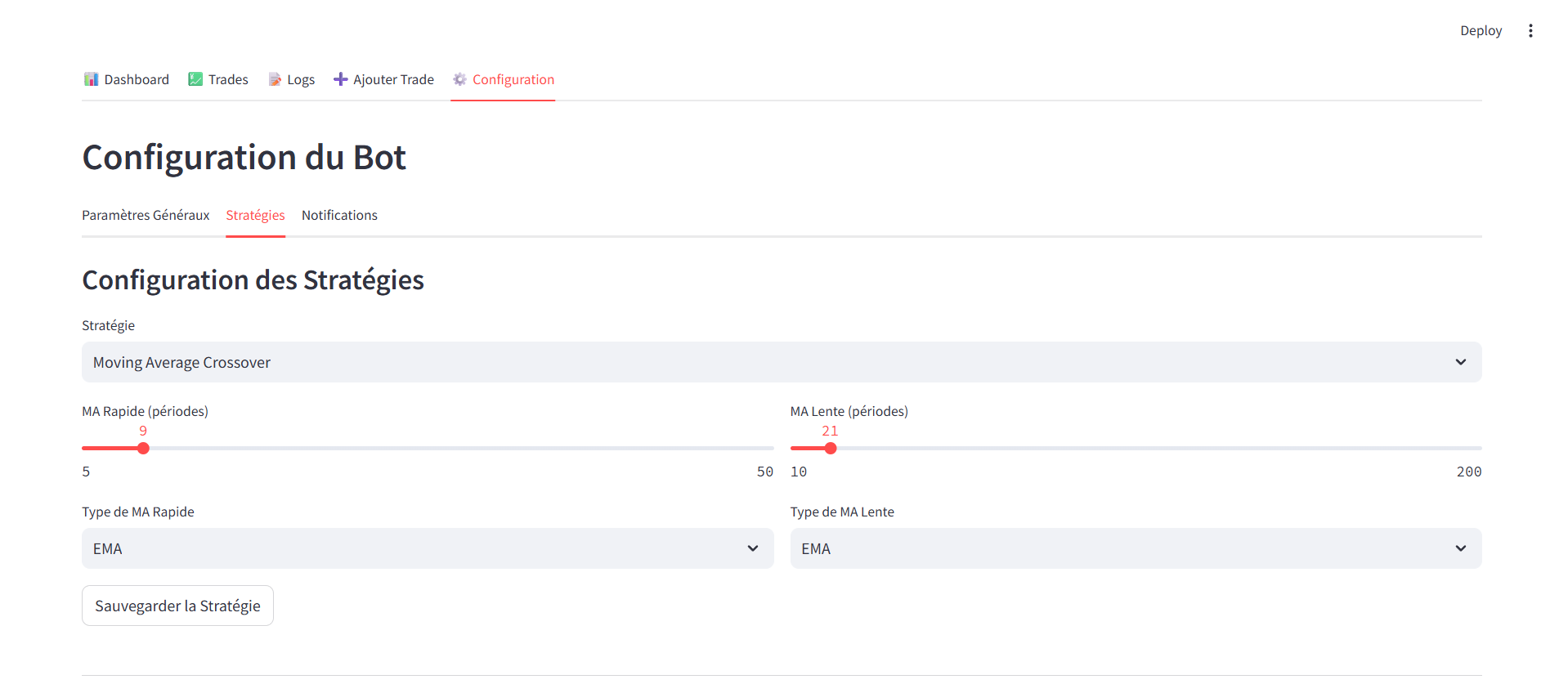 Stratégies de trading disponibles